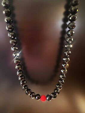 ✨ Faceted Black Sparkly Crystal Bead Necklace with Red Hot Pavé Ball Accent ✨